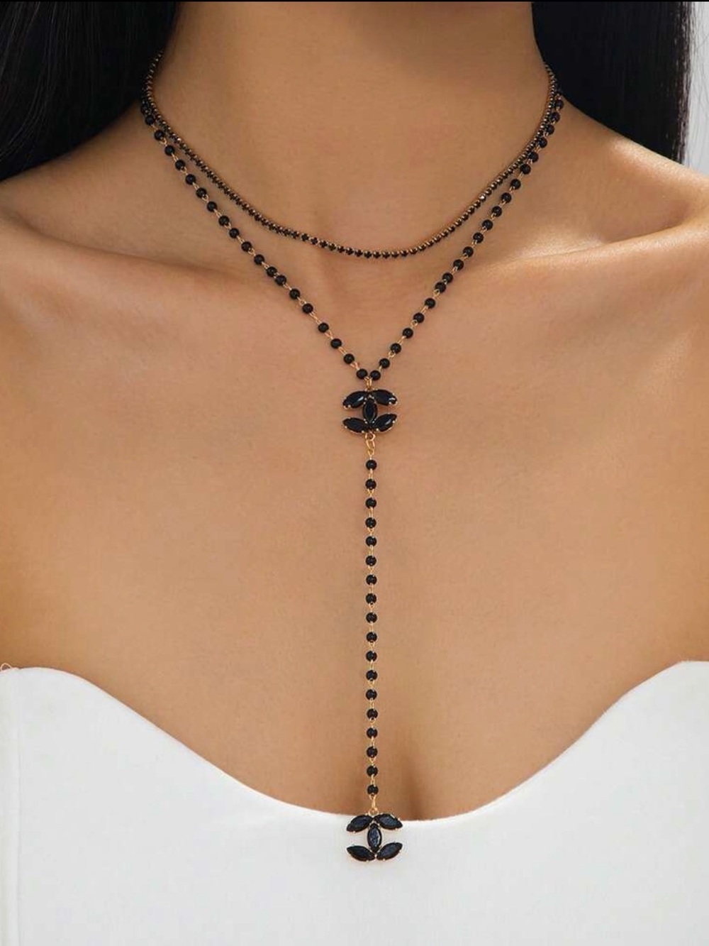 Black Beaded Layered Y-Necklace
